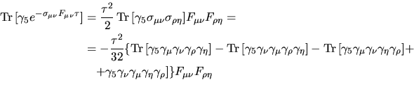 \begin{displaymath}
\mathop{\famzero Tr\,}\nolimits [
\gamma_5\gamma_\mu\gamma_\nu\gamma_\rho\gamma_\eta]=4\epsilon_{\mu\nu\rho\eta}
\end{displaymath}