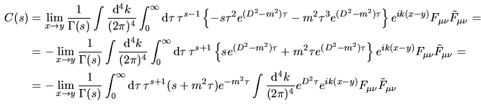 $\aligned e^{D^2\tau}e^{ik(x-y)}&=
\dsize\sum _{n=0}^\infty\dfrac1{n!}\bigl[(\p...
...au\bigr]^ne^{ik(x-y)}=\\
&=
e^{-(k^2+2k_\mu A_mu+A^2)}e^{ik(x-y)}\endaligned$