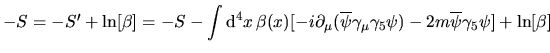 $\displaystyle\int \beta(X)\left[i\partial_\mu(\overline{\psi}\gamma_\mu\gamma_5...
...}
\gamma_5\psi+\dfrac i{8\pi^2}F_{\mu\nu}\tilde F_{\mu\nu}\right]{\rm d}^4 x=0$