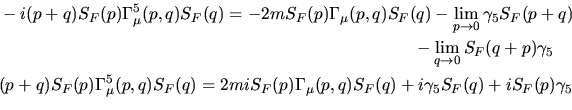 \begin{displaymath}
(p+q)\Gamma_\mu^5(p,q)
=2mi\Gamma_\mu(p,q)+i
S^{-1}_F(p)\gamma_5+i\gamma_5S^{-1}_F(q).
\end{displaymath}