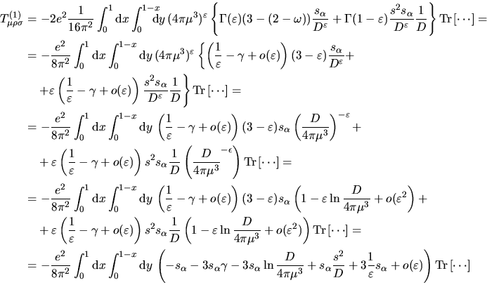 \begin{displaymath}
T^{(1)}_{\mu\rho\sigma}(p,q)
=\dfrac{e^2}{8\pi^2}\displays...
...u\gamma_\rho\gamma_\sigma\makebox{$\not\hskip-0.18em{s}\,$}].
\end{displaymath}