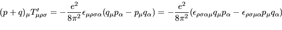 \begin{displaymath}
(p+q)_\mu T_{\mu\rho\sigma}(p,q)=\dfrac{e^2}{4\pi^2}\epsilon_{\rho\sigma\mu\nu}
p_\mu q_\nu
\end{displaymath}