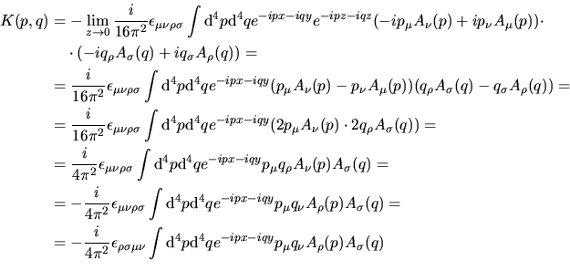 \begin{displaymath}
-i(p+q)_\mu \Gamma_\mu^5=\dots-\dfrac i{4\pi^4}\epsilon_{\rho\sigma\mu\nu}
p_\mu q_\nu A_\rho(p) A_\sigma(q)
\end{displaymath}