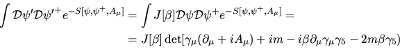 \begin{displaymath}
\det\bigl[\gamma_\mu(\partial_\mu+iA_\mu)+im\bigr]=J[\beta...
...i\beta\partial_\mu\gamma_\mu\gamma_5
-2m\beta\gamma_5\bigr].
\end{displaymath}