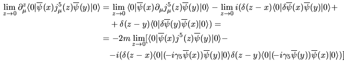 $\aligned
&\lim\limits_{z\to 0}\partial_\mu^z \int {\rm d}^4p\,{\rm d}^4q\,
e^...
...t {\rm d}^4p\,{\rm d}^4q\, e^{ipx+iqz}S_F(q+p)\gamma_5\right]}$}}}
\endaligned$
