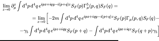 $\aligned
&-\lim\limits_{z\to 0}i(p+q)\int {\rm d}^4p\,{\rm d}^4q\,
e^{ipx+iqy...
...int {\rm d}^4p\,{\rm d}^4q\, e^{ipx+iqz}S_F(q+p)\gamma_5\right]}$}}}\endaligned$