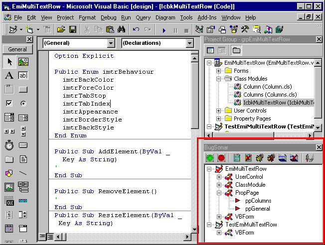 Il BugSonar nell'IDE del Visual Basic